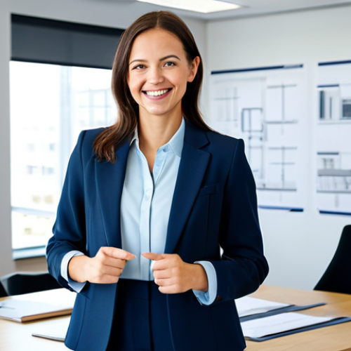 Home 28 **
A professional architect, fully clothed in a stylish but modest business casual outfit (blazer, blouse, dress pants), stands in a bright, modern architectural office. Blueprints are spread across a large table. She is smiling slightly and looking directly at the viewer. Natural lighting, perfect anatomy, correct proportions, well-formed hands, proper finger count, professional photography, safe for work, appropriate content, family-friendly.
**