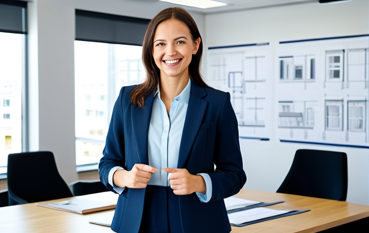 **
A professional architect, fully clothed in a stylish but modest business casual outfit (blazer, blouse, dress pants), stands in a bright, modern architectural office. Blueprints are spread across a large table. She is smiling slightly and looking directly at the viewer. Natural lighting, perfect anatomy, correct proportions, well-formed hands, proper finger count, professional photography, safe for work, appropriate content, family-friendly.
**