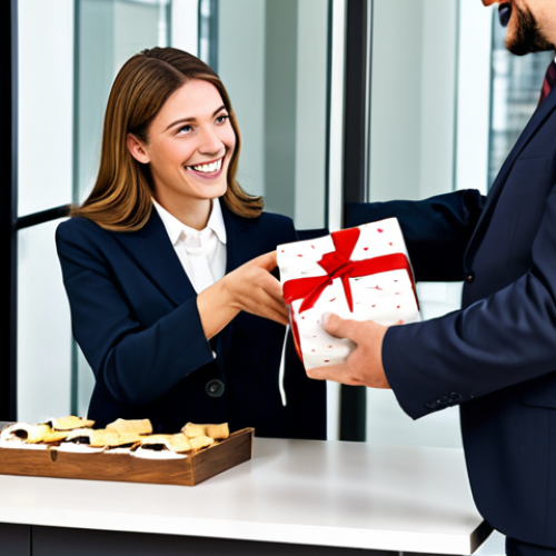 Home 25 Gift Giving**
"A professional businesswoman in a modest business suit, presenting a high-quality, locally-sourced gift (e.g., maple syrup from Canada) to a businessman in a well-tailored suit in a modern office setting, both smiling politely. The gift is wrapped elegantly. Fully clothed, appropriate attire, safe for work, professional setting, perfect anatomy, natural proportions, family-friendly, modest."
**