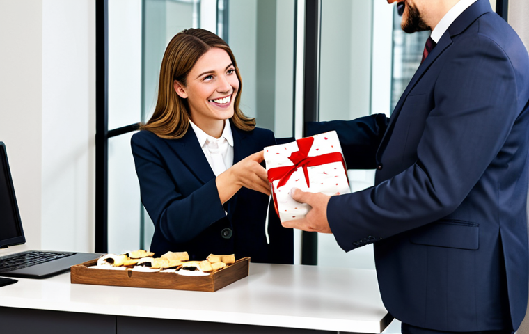 Gift Giving**

"A professional businesswoman in a modest business suit, presenting a high-quality, locally-sourced gift (e.g., maple syrup from Canada) to a businessman in a well-tailored suit in a modern office setting, both smiling politely. The gift is wrapped elegantly. Fully clothed, appropriate attire, safe for work, professional setting, perfect anatomy, natural proportions, family-friendly, modest."

**