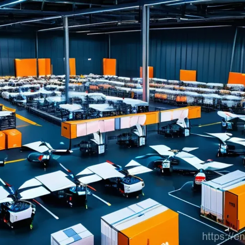 무역업계 최신 AI 기술 활용 - **Prompt:** A sprawling, highly advanced global logistics hub at twilight. Autonomous cargo drones f...