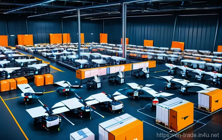 무역업계 최신 AI 기술 활용 - **Prompt:** A sprawling, highly advanced global logistics hub at twilight. Autonomous cargo drones f...