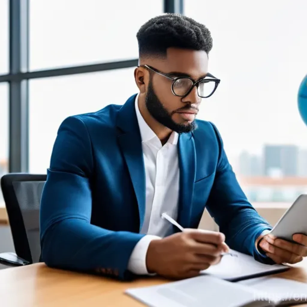 국제무역사 시험 준비를 위한 추천 학습 자료 - **Prompt:** A focused professional, gender-neutral and diverse, sits at a sleek, modern desk. On the...