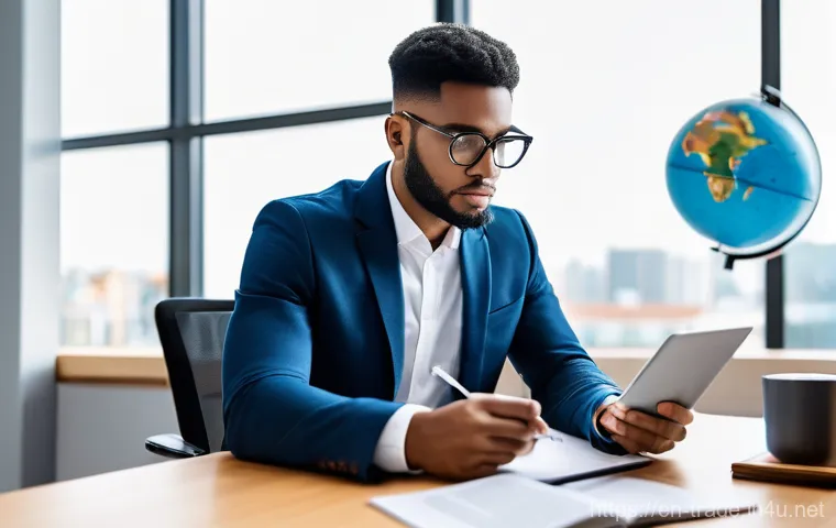국제무역사 시험 준비를 위한 추천 학습 자료 - **Prompt:** A focused professional, gender-neutral and diverse, sits at a sleek, modern desk. On the...