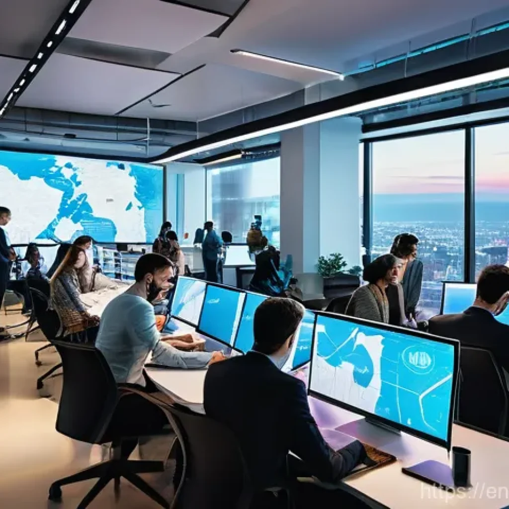 국제무역사 자격증 취득 후 커리어 - **Prompt: Global Digital Commerce Hub**
A vibrant, high-angle shot of a modern, open-plan office...