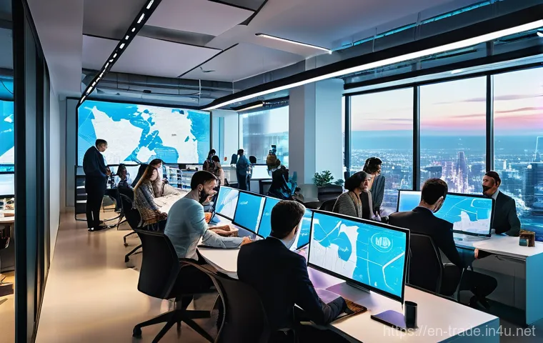 국제무역사 자격증 취득 후 커리어 - **Prompt: Global Digital Commerce Hub**
A vibrant, high-angle shot of a modern, open-plan office...