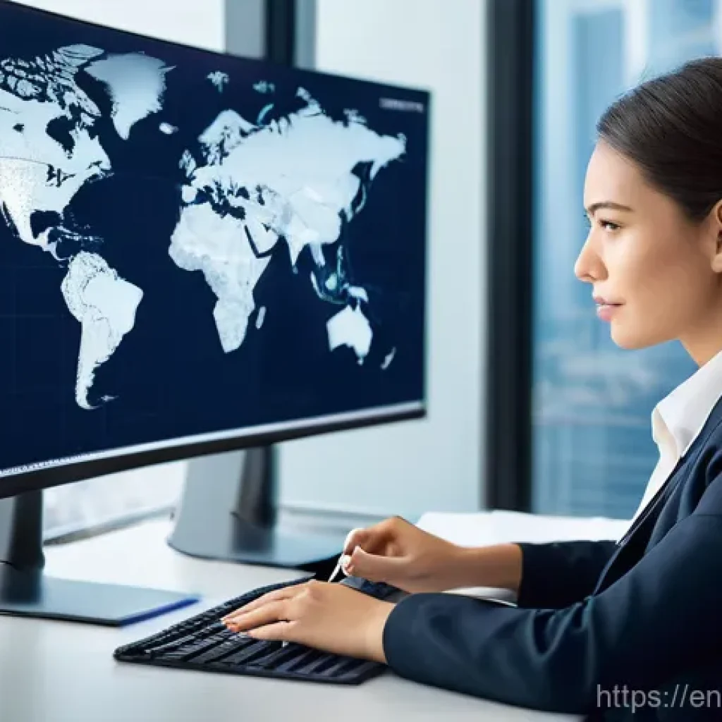 무역 전문가의 업무 루틴 - **Prompt:** "A highly focused female trade expert, mid-30s, with a determined expression, wearing a ...