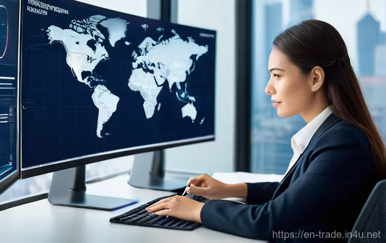 무역 전문가의 업무 루틴 - **Prompt:** "A highly focused female trade expert, mid-30s, with a determined expression, wearing a ...