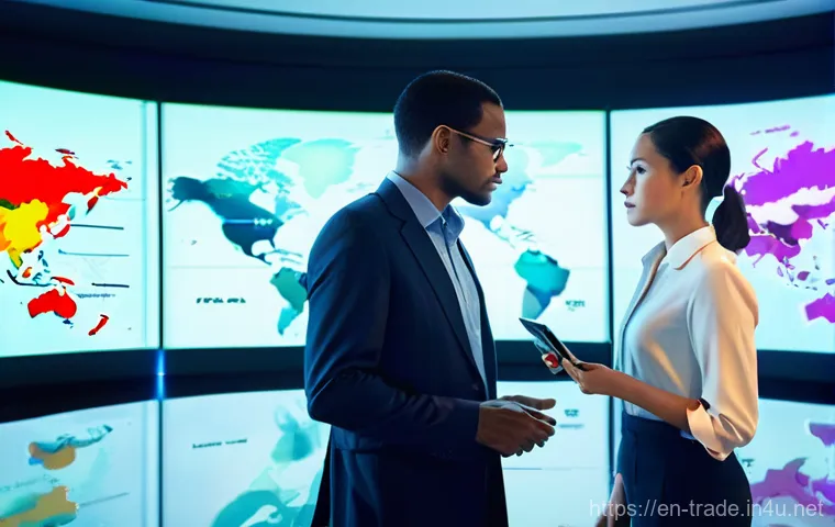 무역 전문가의 업무 루틴 - **Prompt:** "A highly focused female trade expert, mid-30s, with a determined expression, wearing a ... 무역 전문가의 업무 루틴 - **Prompt:** "A highly focused female trade expert, mid-30s, with a determined expression, wearing a ...