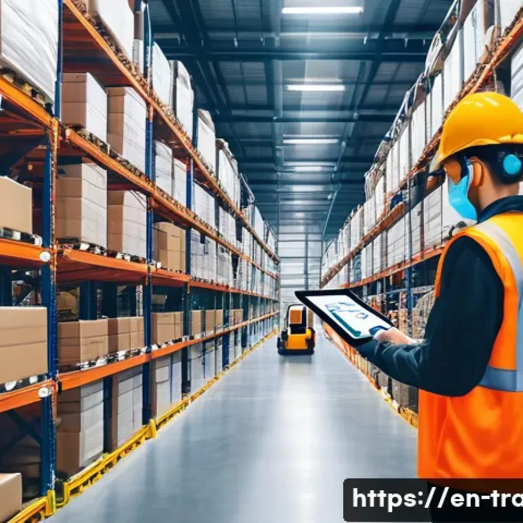 무역업계 스타트업 성공 사례 - **Prompt:** A bustling, modern warehouse interior. AI-powered robots efficiently sort and move packa...