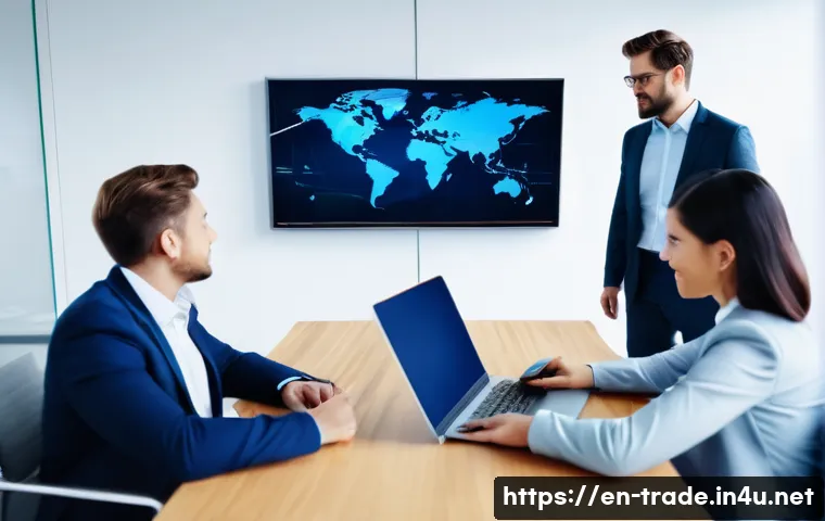 무역업계에서 인정받는 자격증 - A professional business meeting scene inside a modern office, featuring a diverse group of trade spe...
