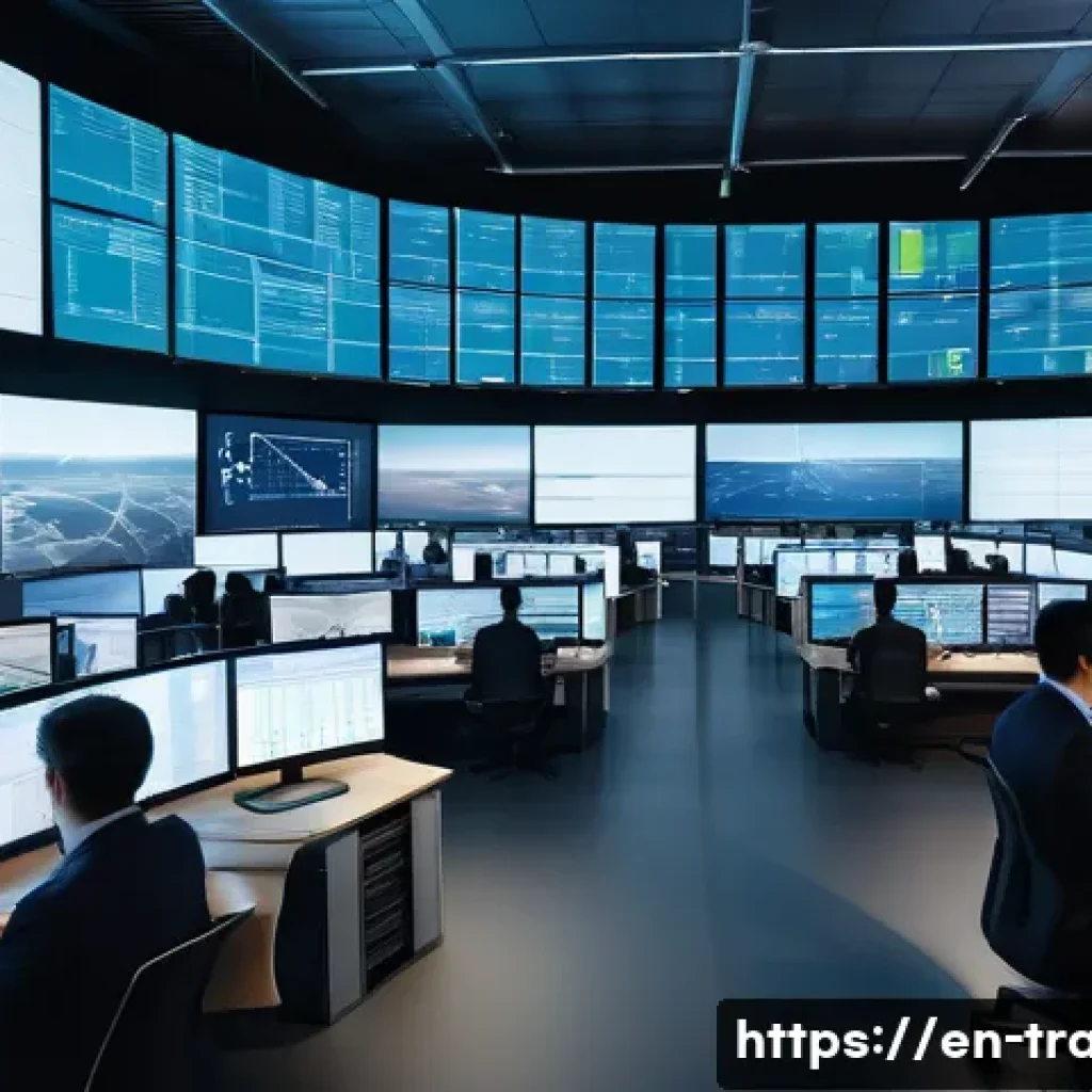 무역회사 인턴십 경험 공유 - A modern international logistics control room bustling with activity, large digital screens display ...