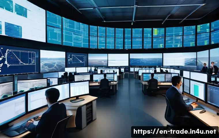 무역회사 인턴십 경험 공유 - A modern international logistics control room bustling with activity, large digital screens display ...