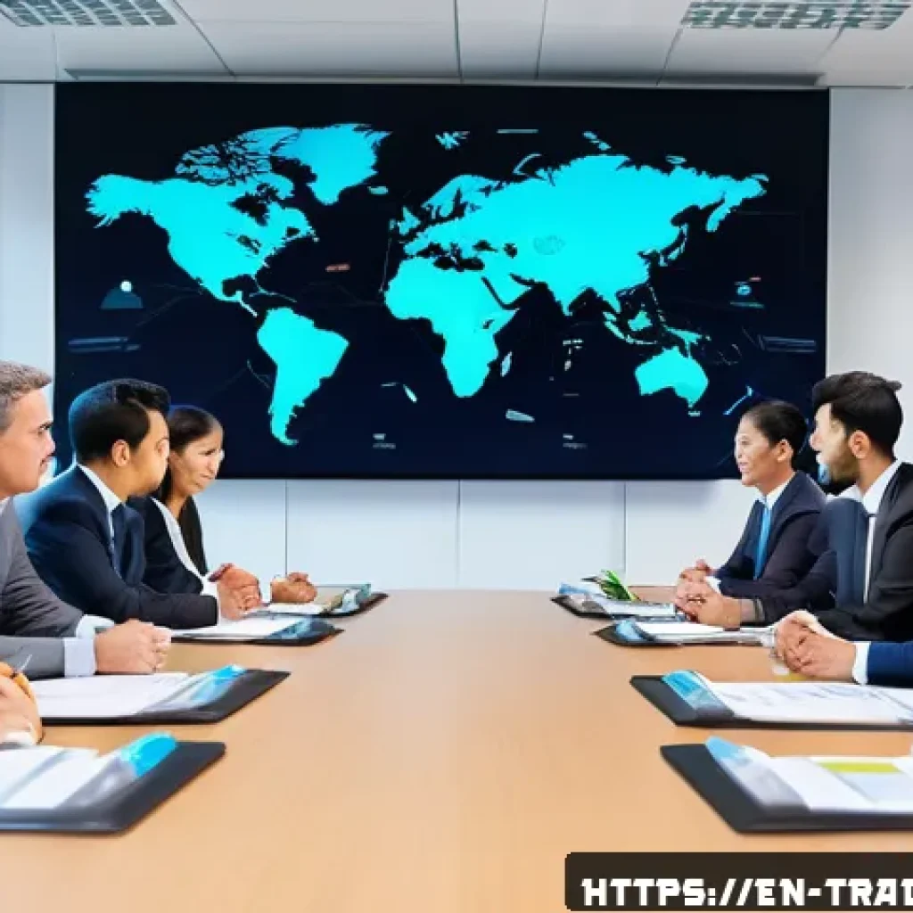 무역 계약 관련 사례 분석 - A professional business meeting scene in a modern office, showing diverse international exporters an...