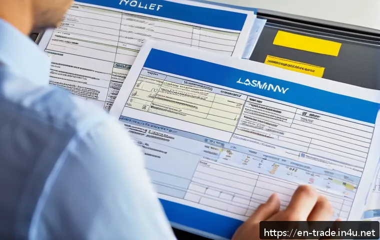 무역 실무 입문자를 위한 학습 가이드 - A detailed, professional office desk scene showing a shipping manager examining a Bill of Lading doc...