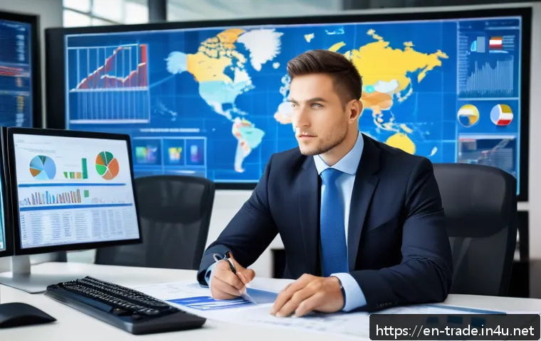 국제무역사와 물류관리사 차이 - A professional international trade specialist in a modern, sleek office environment, analyzing globa...