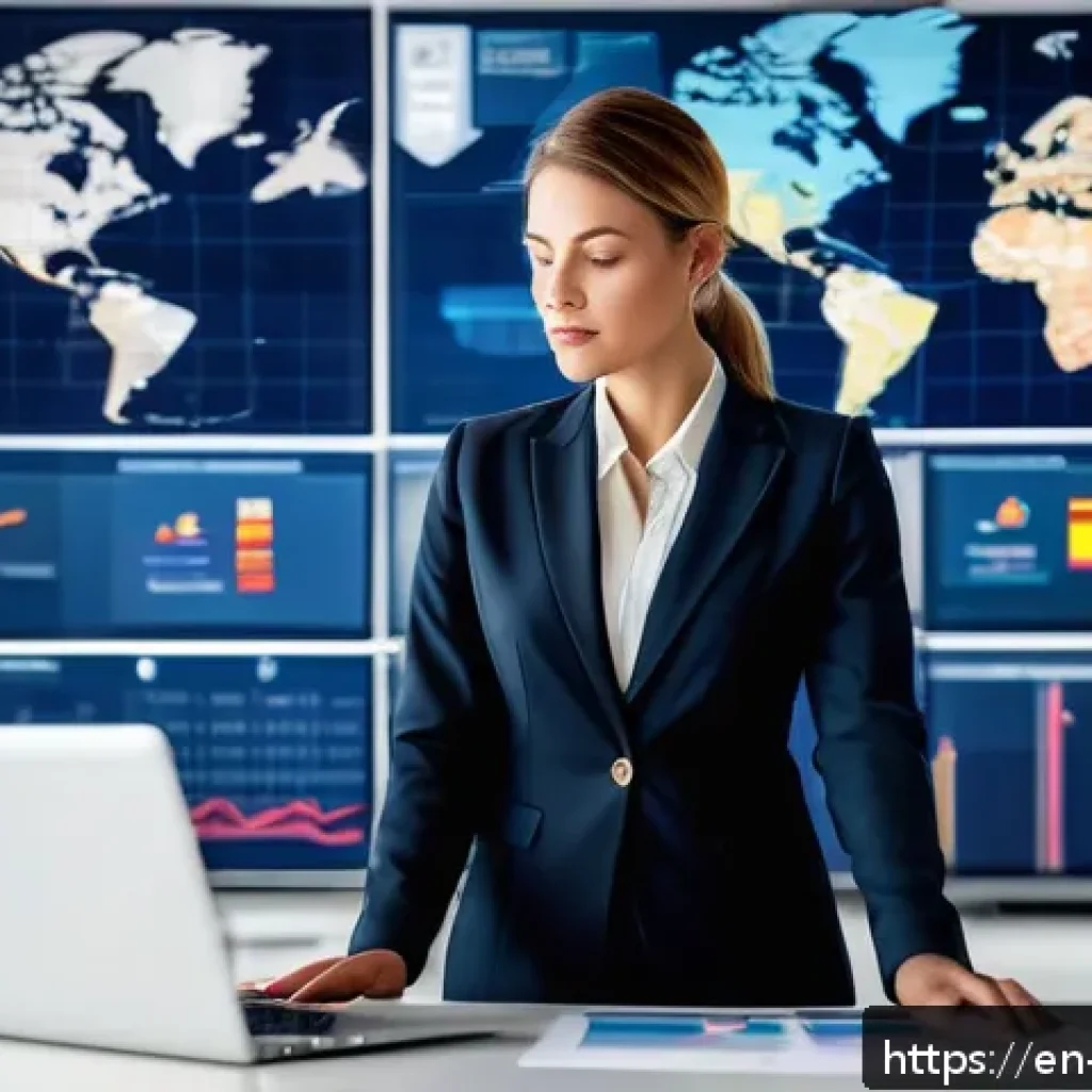 무역 관련 자격증 비교 분석 - A professional businesswoman in formal attire standing confidently in a modern office with global tr...