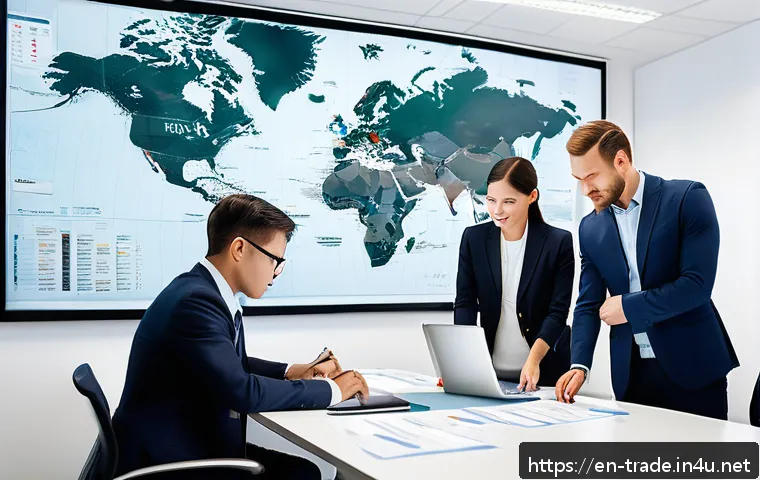 무역 서류 심사 체크리스트 - A modern office setting showing a diverse team of professionals gathered around a large conference t...