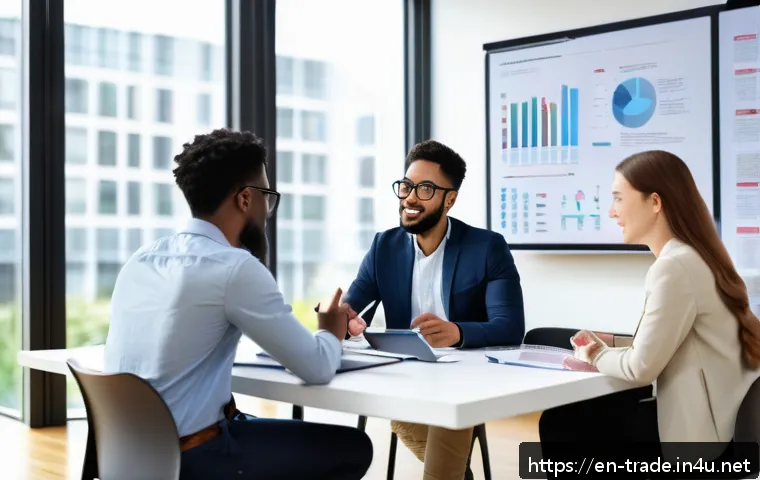 국제무역사 시험 대비 스터디 그룹 - A diverse group of young adult professionals sitting around a modern conference table in a bright, o...
