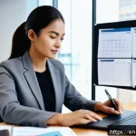 국제무역사의 자격증 유지 방법 - A professional workspace scene featuring a mid-30s businesswoman organizing her international trade ...