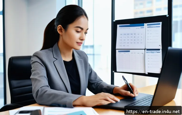 국제무역사의 자격증 유지 방법 - A professional workspace scene featuring a mid-30s businesswoman organizing her international trade ...