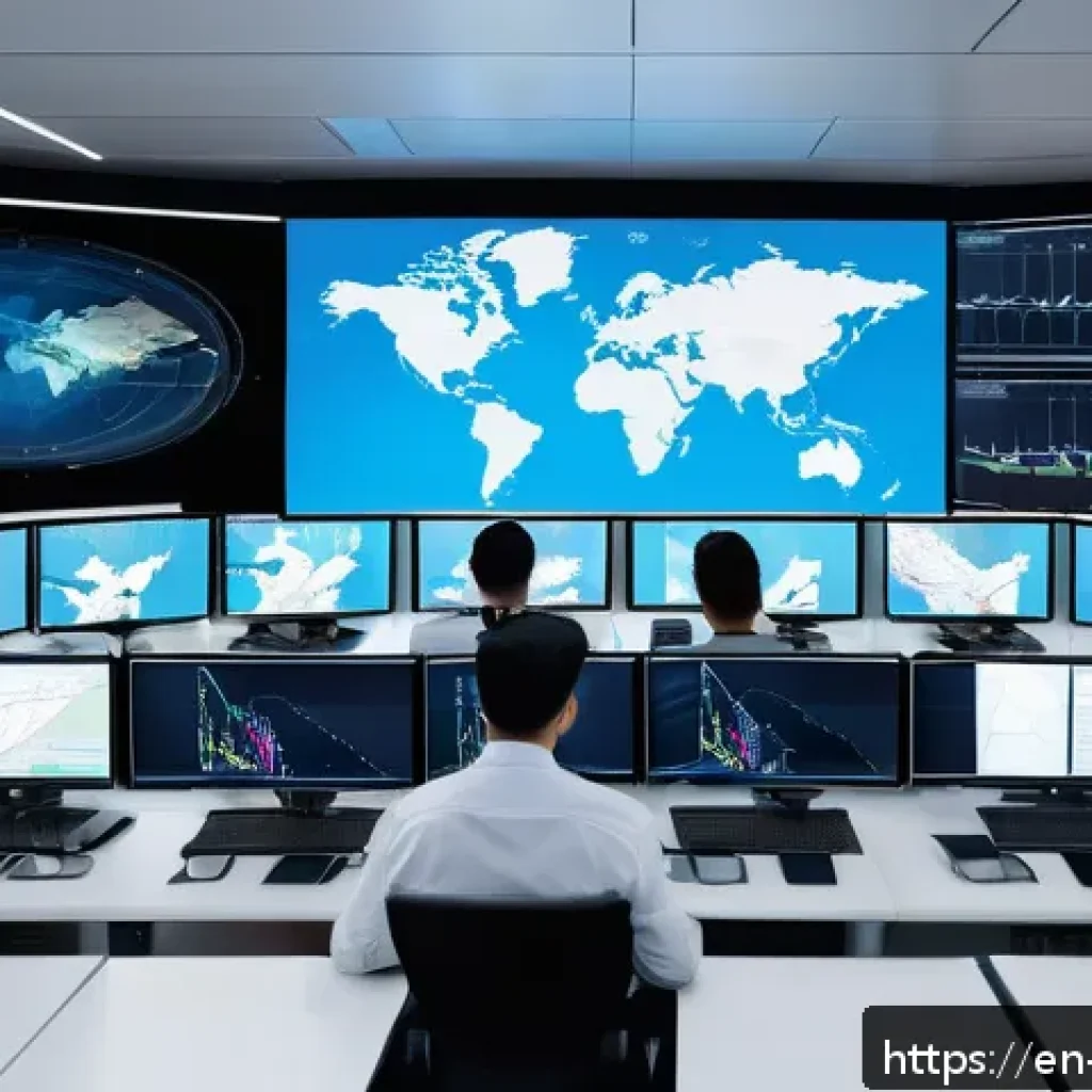 수출입 비용 관리 전략 - A modern logistics control room with multiple large digital screens displaying real-time global ship...