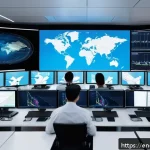 수출입 비용 관리 전략 - A modern logistics control room with multiple large digital screens displaying real-time global ship...