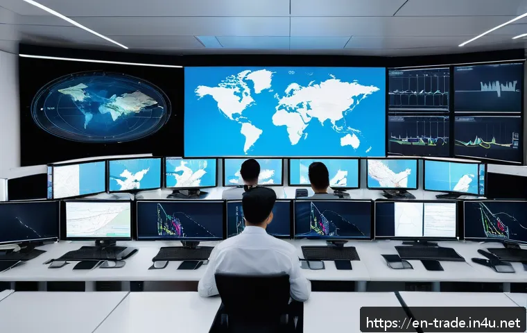 수출입 비용 관리 전략 - A modern logistics control room with multiple large digital screens displaying real-time global ship...