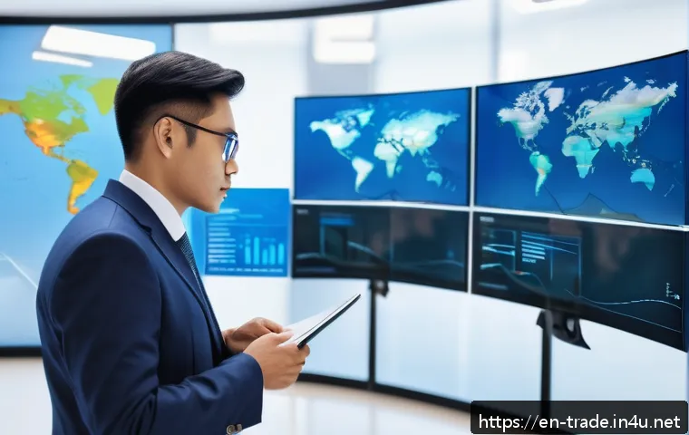 무역 실무자가 알아야 할 최신 법규 - A modern global trade compliance office scene featuring diverse import-export professionals reviewin...