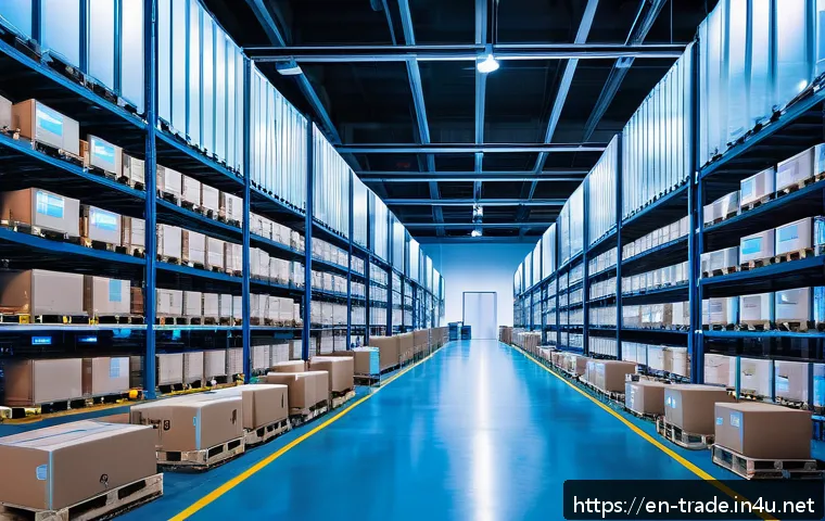 무역 실무에서의 디지털 전환 - A high-tech logistics warehouse scene showcasing multiple IoT-enabled smart containers and pallets e...