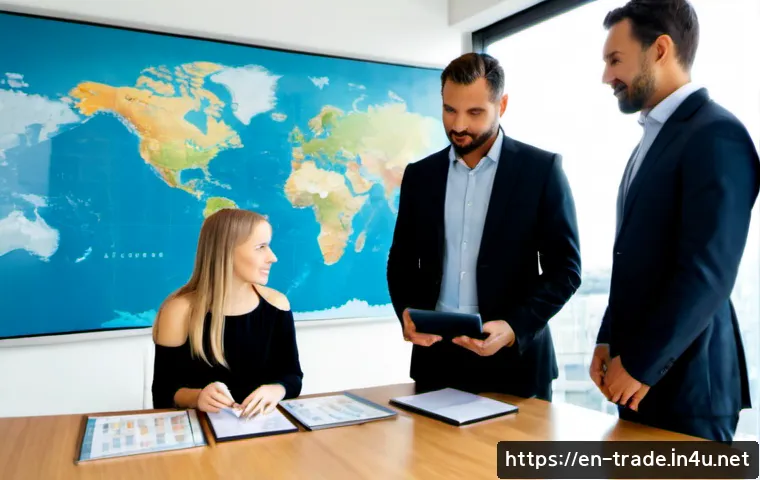 Home 17 해외 진출을 위한 무역 전략 - Photorealistic international trade strategy meeting in a bright modern office, diverse small-busines...
