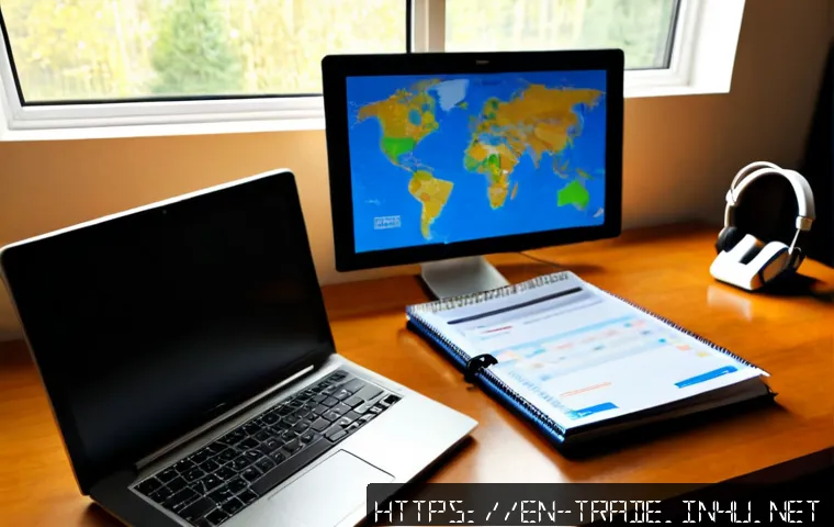 무역 영어 준비 방법 - Photorealistic home study desk for preparing business English for international trade, focused adult...